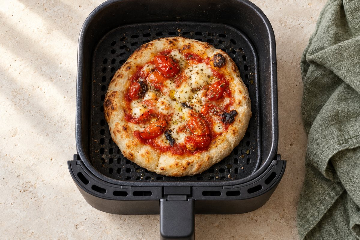 Pizzinha no cesto aberto de uma air fryer