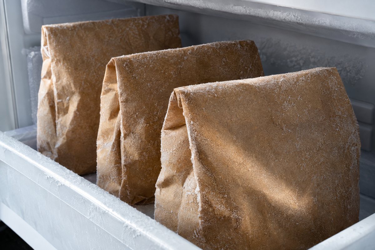 Pacotes organizados em pé no compartimento de um freezer