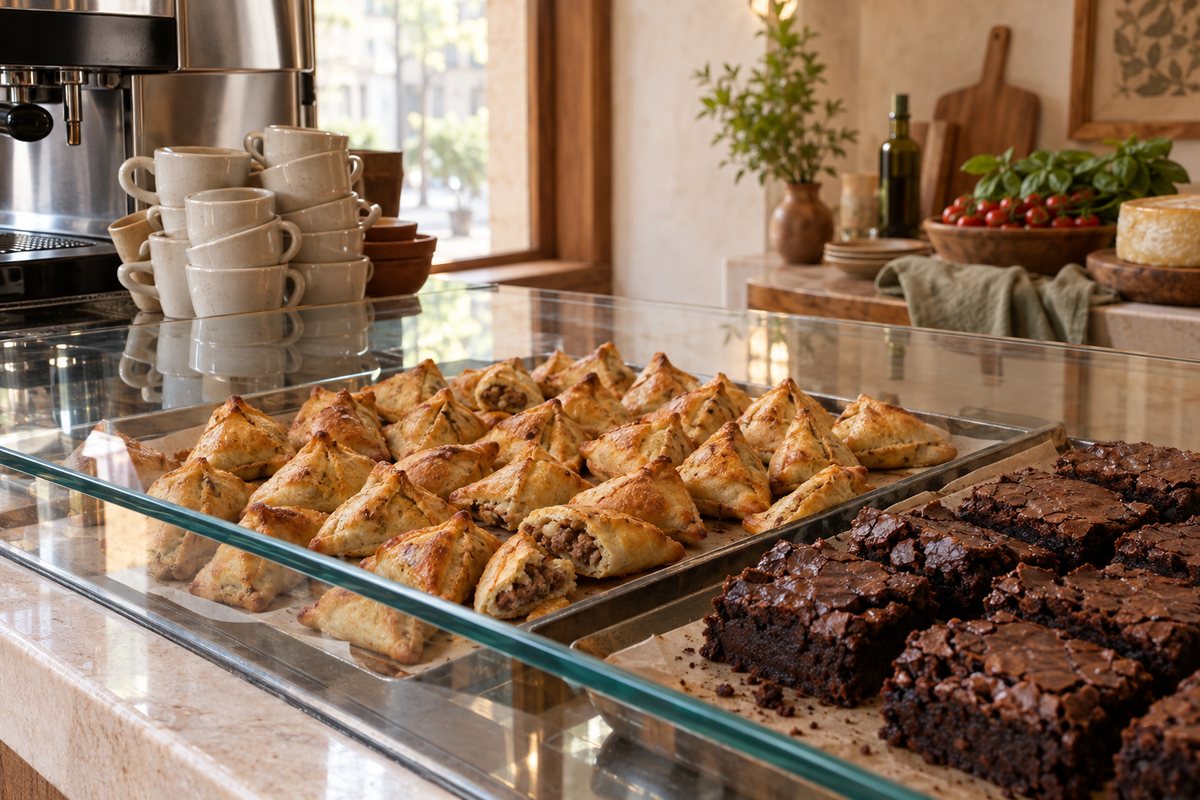 Salgados e brownies em uma vitrine ao lado de xícaras de café