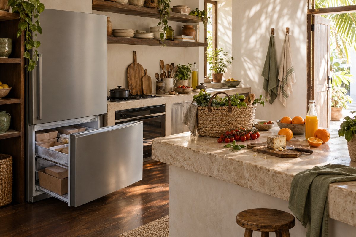 Cozinha com freezer aberto e ingredientes sobre a bancada