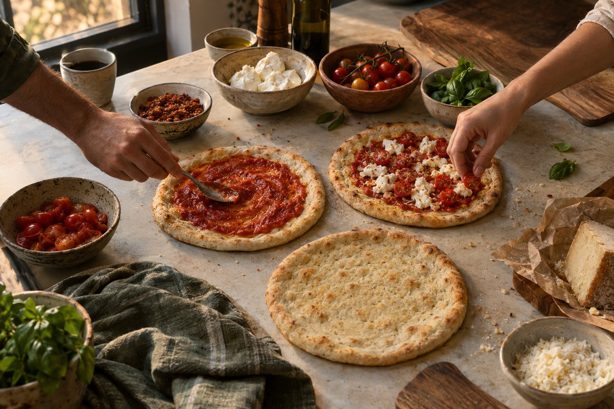 Mãos montando coberturas em discos de pizza sobre a mesa