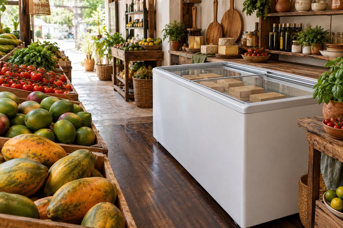 Freezer expositor ao lado de bancas de frutas e verduras