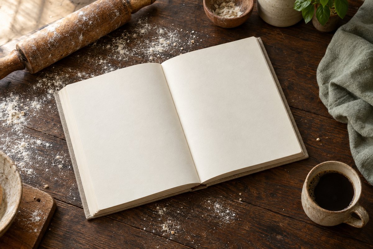 Caderno aberto, rolo de massa e café sobre uma mesa de madeira
