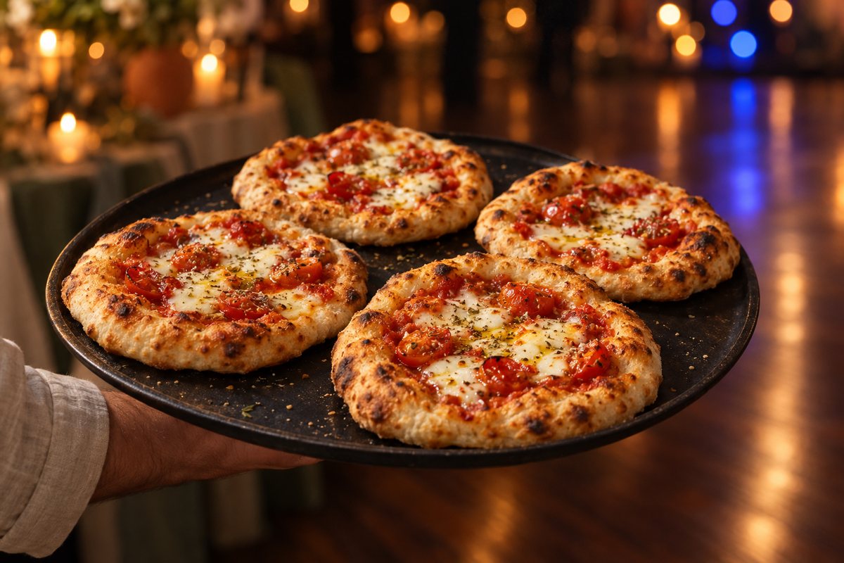 Bandeja com quatro pizzinhas diante das luzes de uma festa