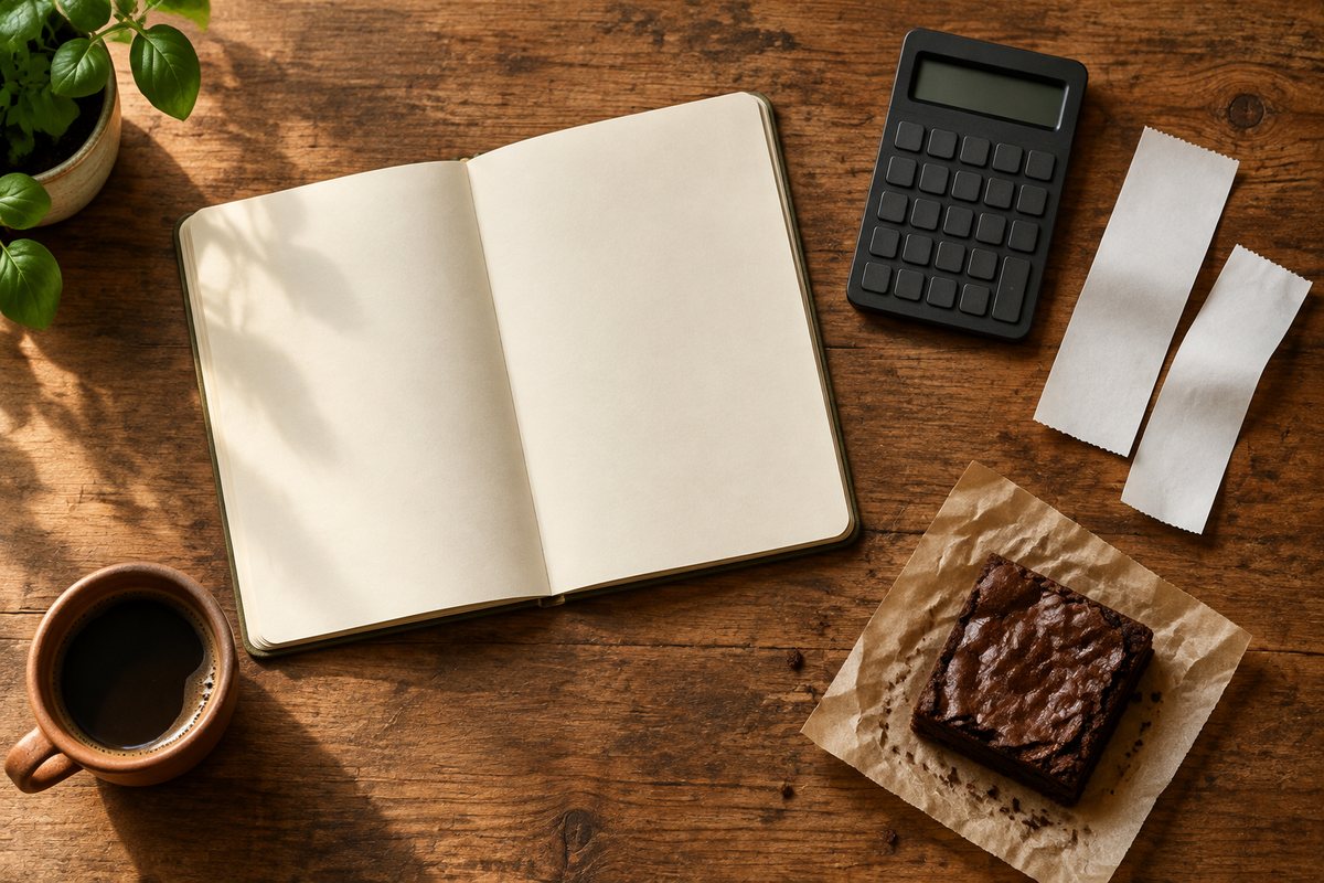 Caderno, calculadora, papéis, café e brownie sobre a mesa