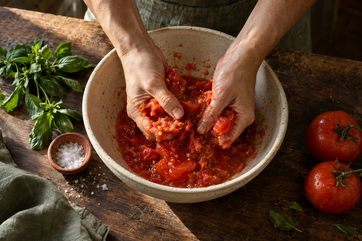 Mãos amassando tomates em uma tigela