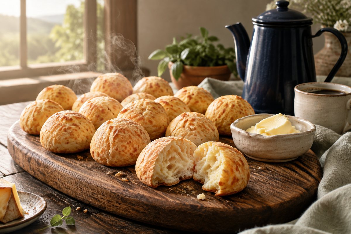 Pães de queijo em uma tábua ao lado de café