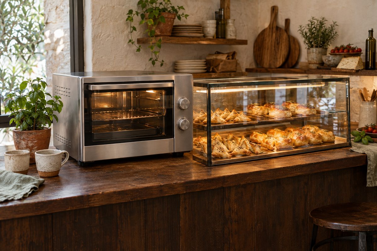 Forno compacto e vitrine de assados em uma bancada