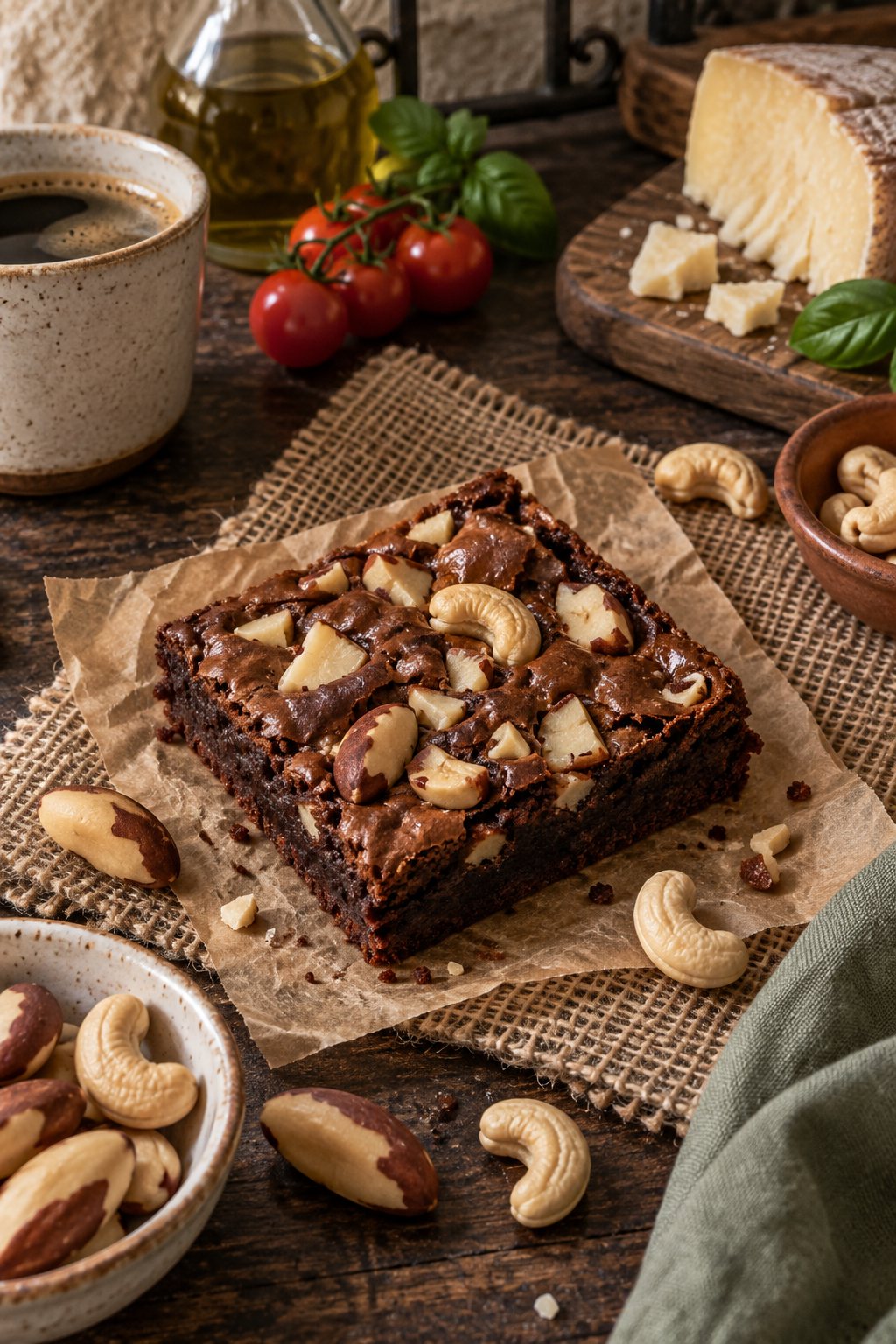 Brownie coberto de castanhas picadas sobre papel e juta, com castanhas inteiras espalhadas pela mesa de madeira