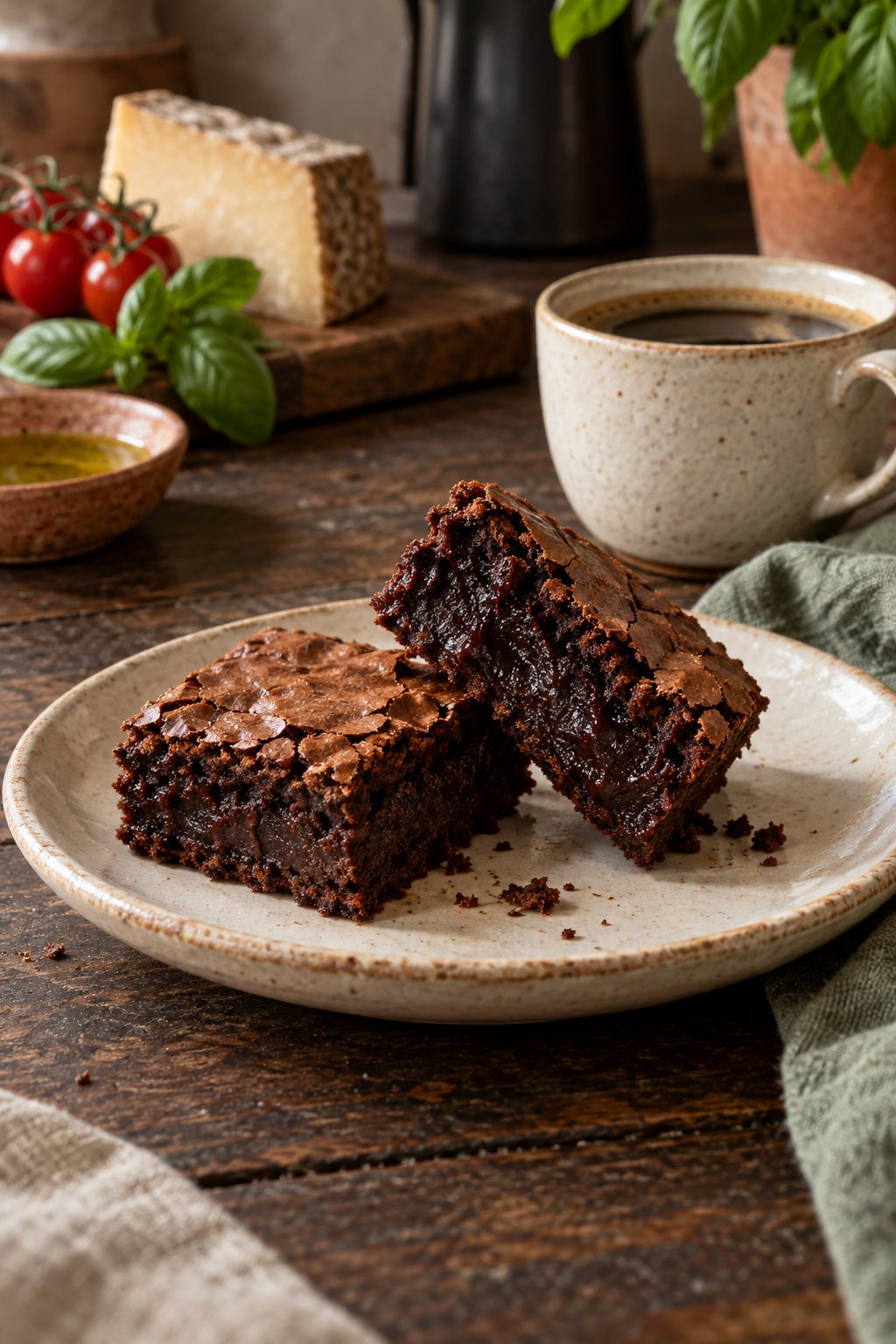 Brownie tradicional cortado ao meio num prato de cerâmica creme, com o miolo escuro e úmido à mostra, ao lado de uma xícara de café