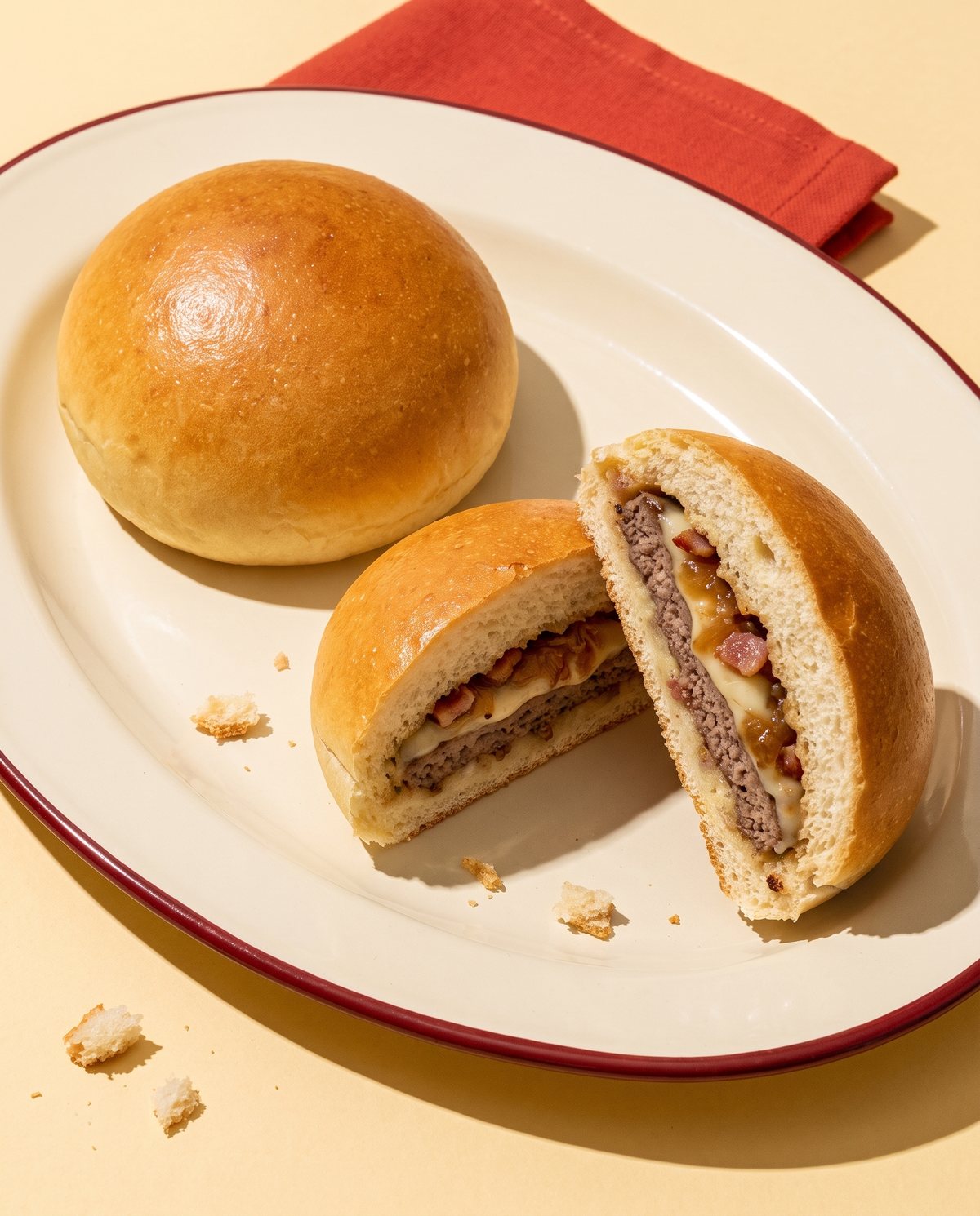 Hamburgão artesanal dourado, cortado para mostrar o recheio