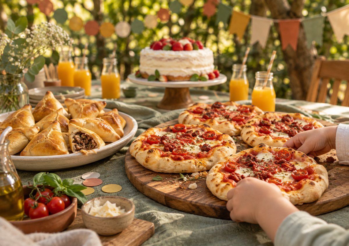 Pizzinhas em uma mesa de aniversário decorada, em composição ilustrativa