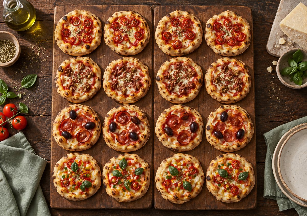 Composição ilustrativa de pizzinhas e planejamento de quantidades para uma festa