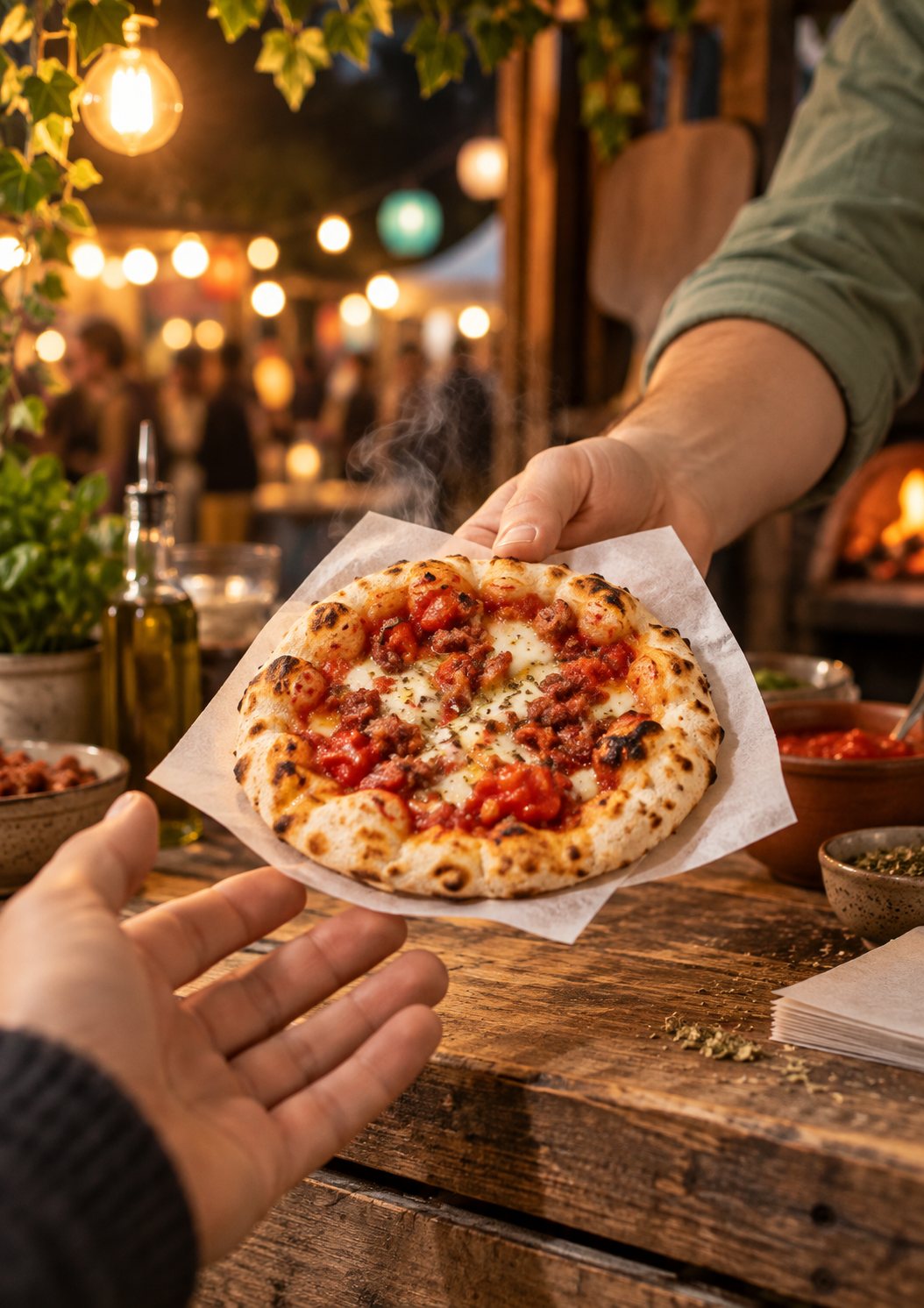 Composição ilustrativa de pizzinhas em um balcão de feira; não é registro de evento realizado