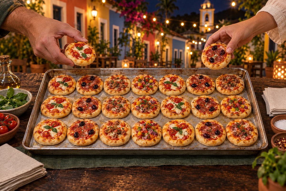 Mesa de festa com pizzinhas artesanais, em uma cena ilustrativa de celebração