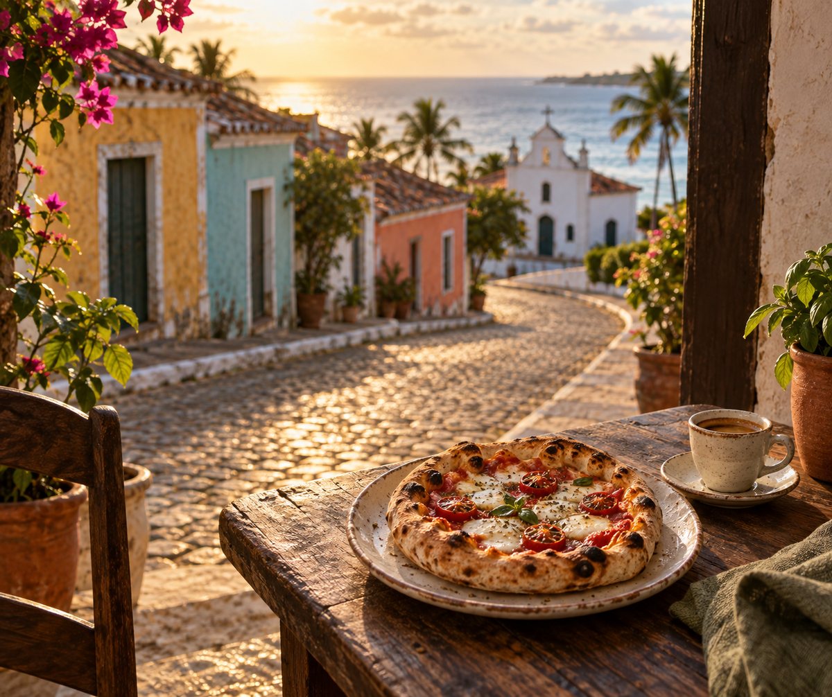 Composição ilustrativa de uma mesa com assados e casinhas coloridas de Arraial d’Ajuda ao fundo