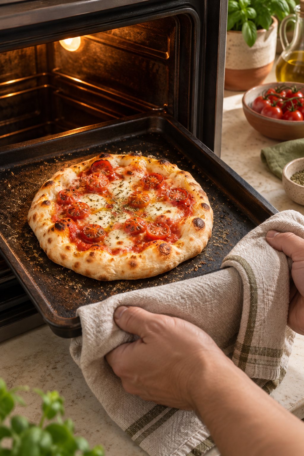 Mãos retirando uma pizzinha de um forno doméstico com um pano de cozinha