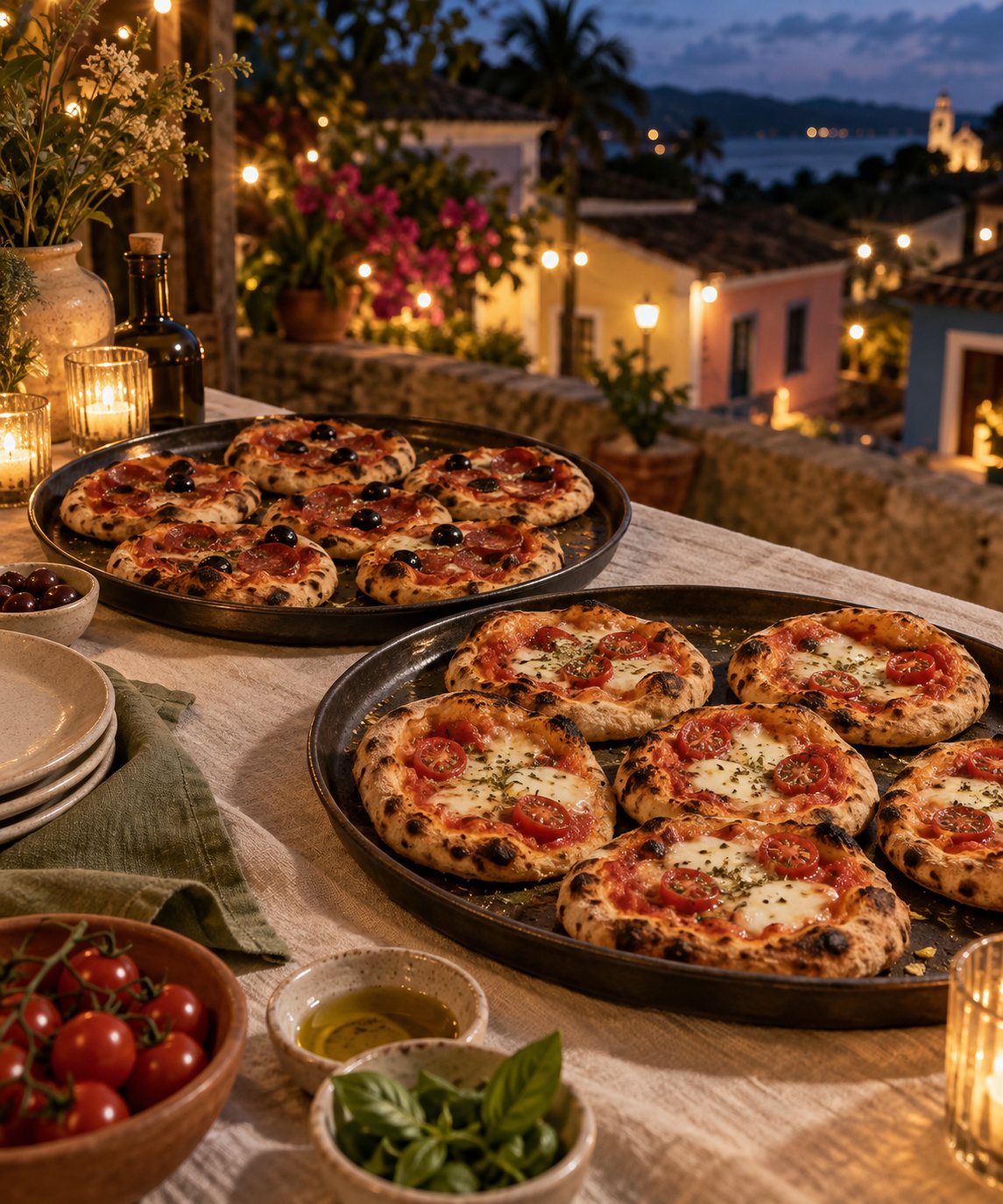 Mesa ilustrativa ao ar livre com bandejas de pizzinhas e luzes de festa