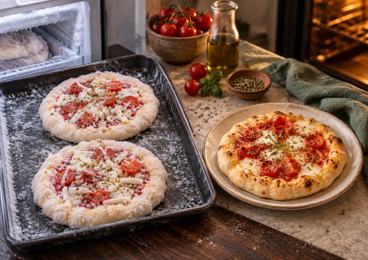 Composição ilustrativa do percurso do freezer ao forno com pizzinhas e assadeira