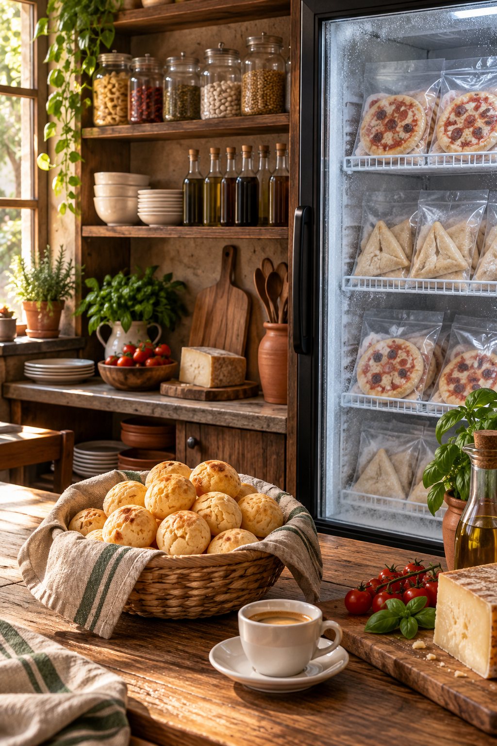 Composição ilustrativa de empório com pão de queijo no balcão