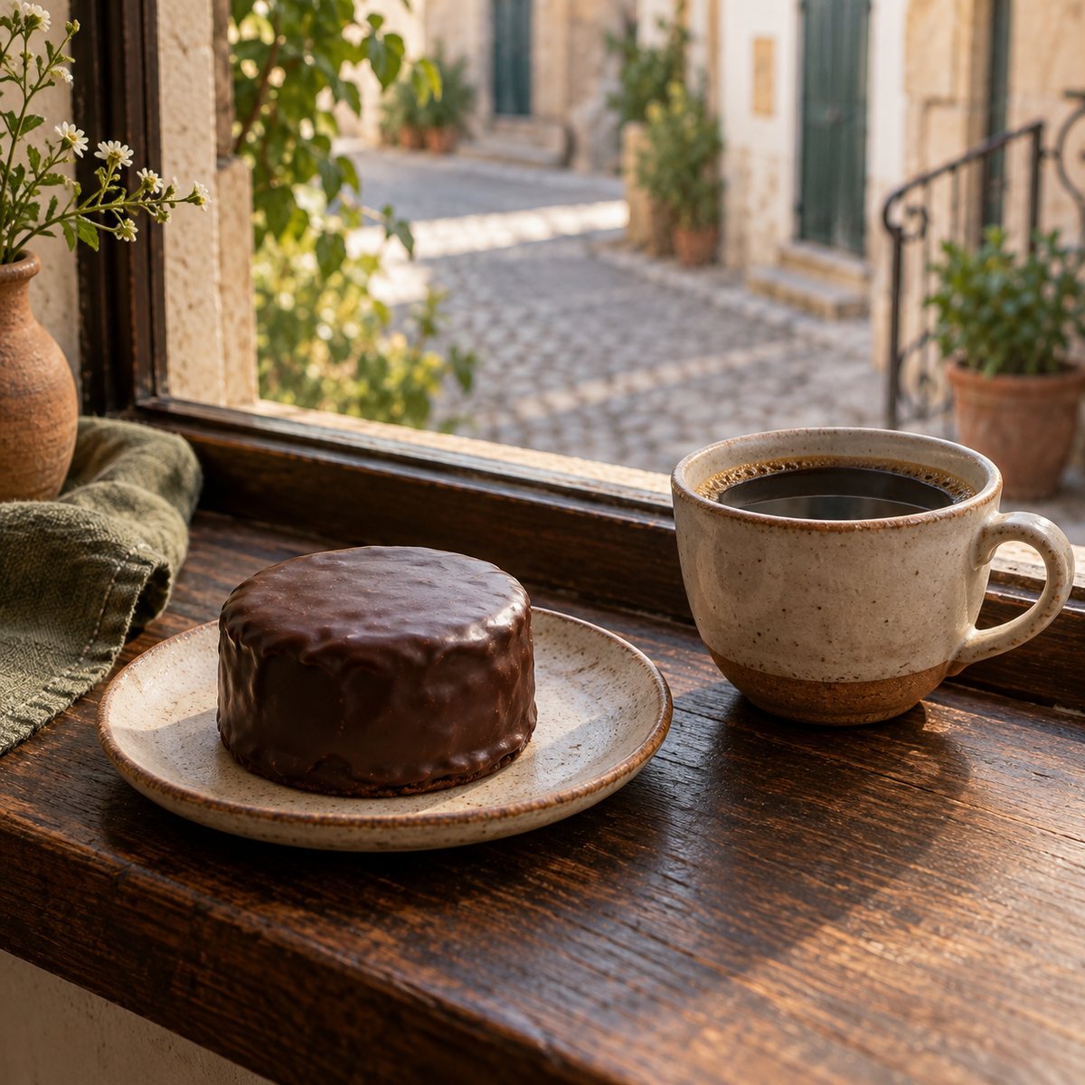 Pão de mel inteiro num pires ao lado de uma xícara de café preto, no parapeito de uma janela que dá para uma rua de pedras