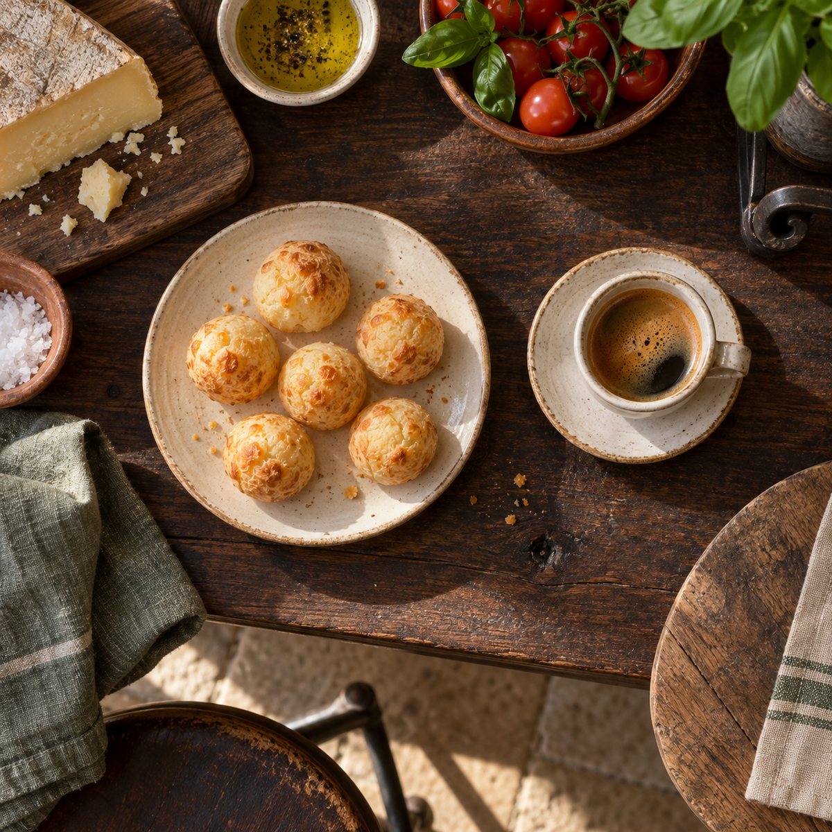 Seis pãezinhos de queijo num pratinho de cerâmica ao lado de uma xícara de café expresso, vistos de cima numa mesa de madeira