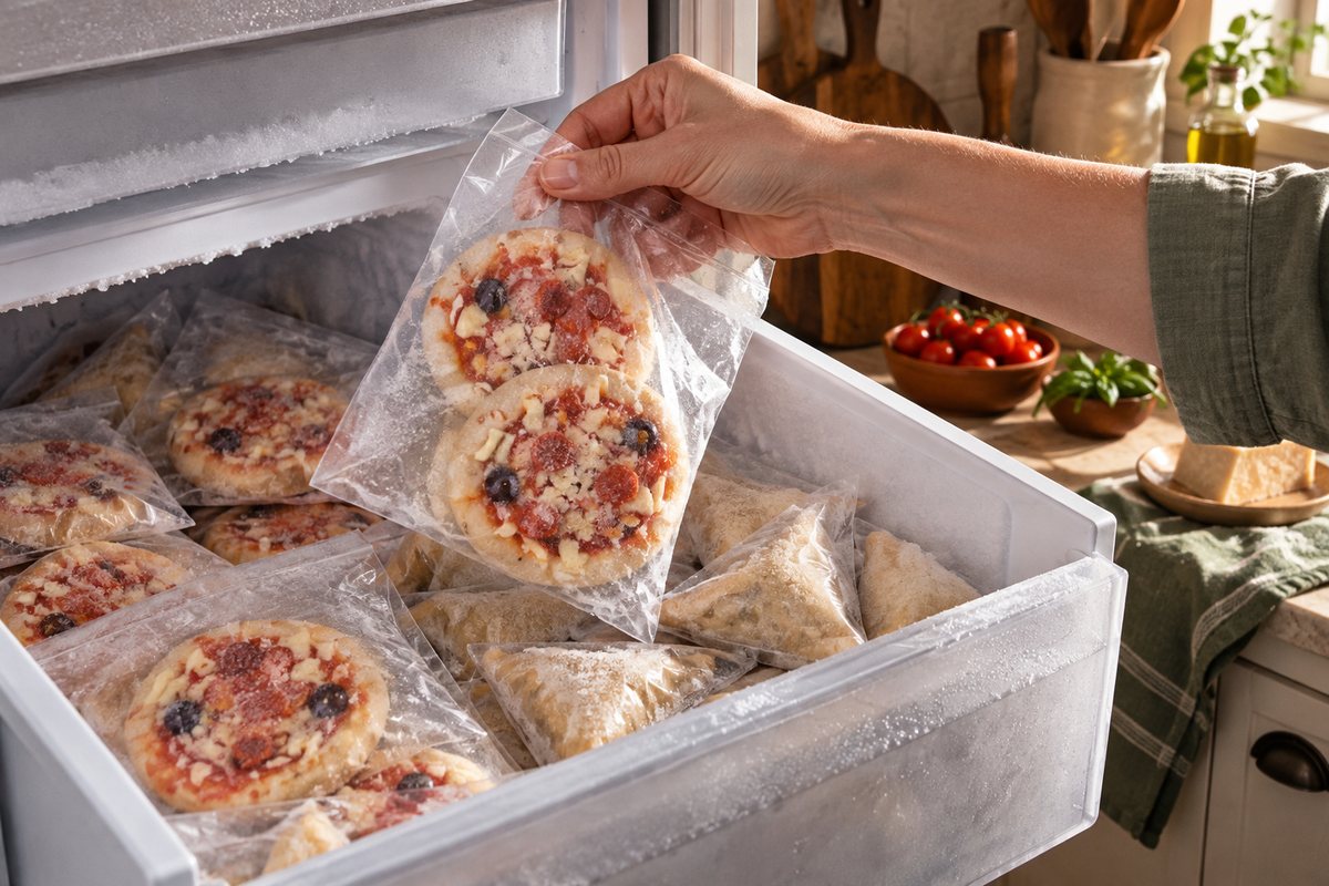 Cena ilustrativa de organização de produtos congelados para o preparo