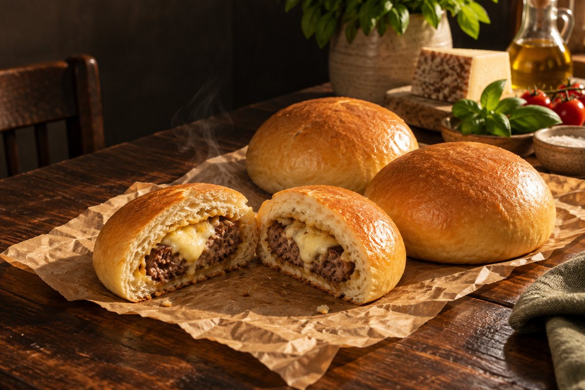Hamburgões dourados sobre papel kraft numa mesa de madeira escura, um deles partido ao meio com carne e queijo derretido à mostra