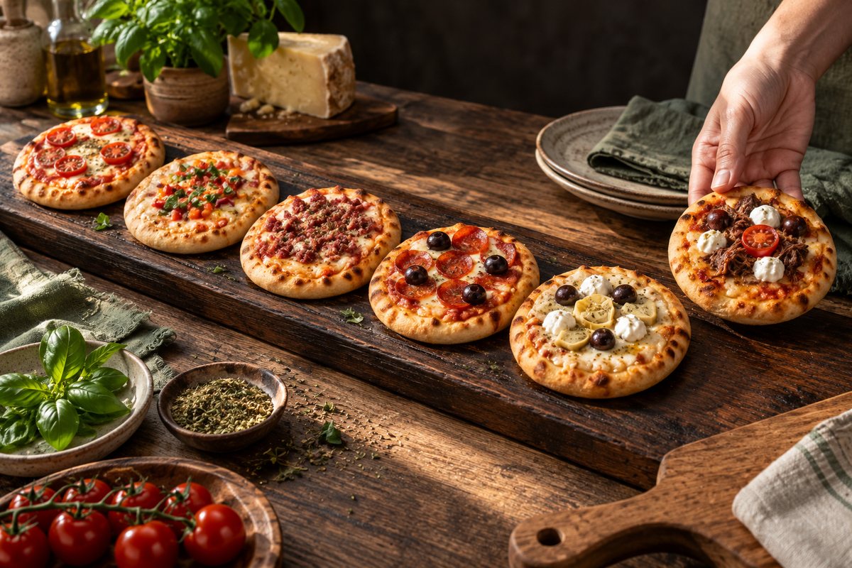 Seis pizzinhas de sabores diferentes enfileiradas numa tábua comprida de madeira escura, com manjericão e orégano