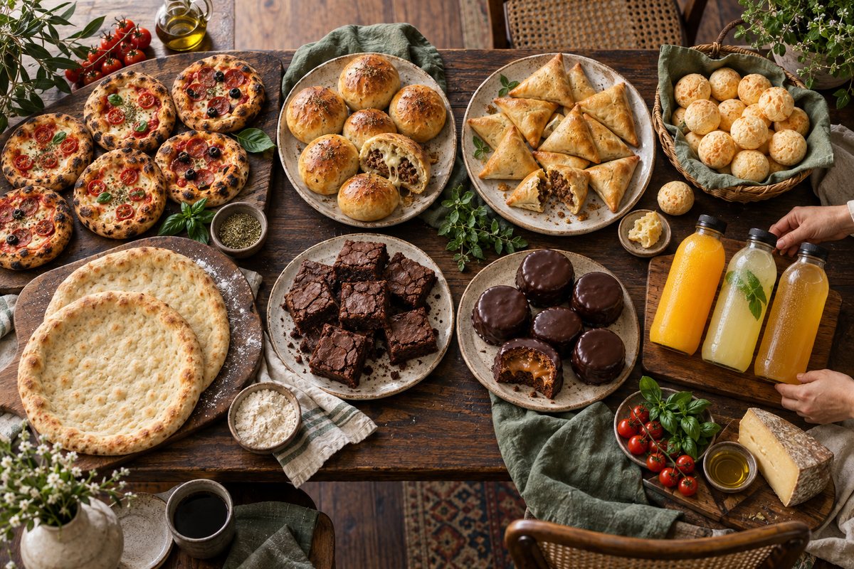 Mesa comprida de madeira vista de cima com a linha organizada como um cardápio: pizzinhas, hamburgões, mini esfihas, pão de queijo, discos de pizza, brownies, pães de mel e três garrafinhas de suco