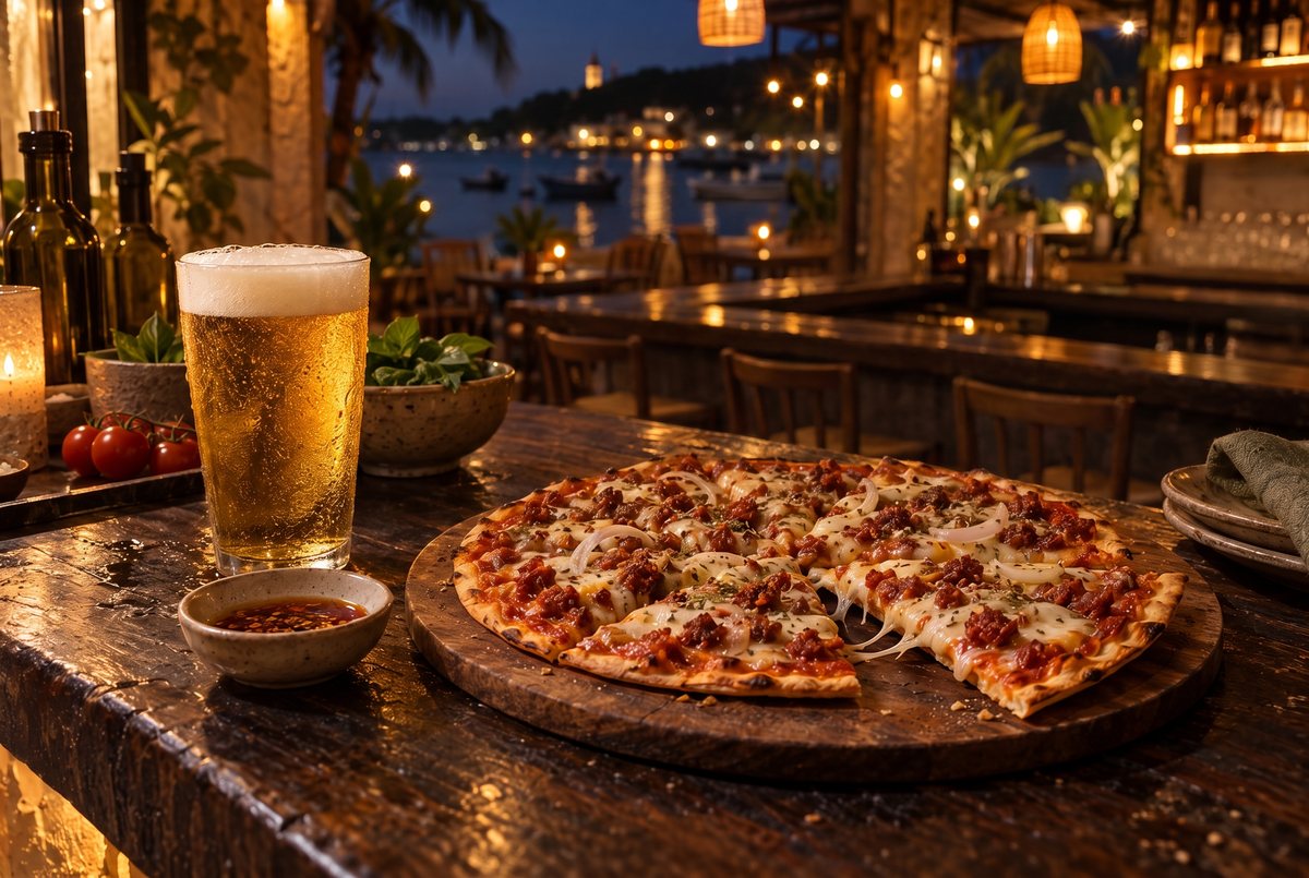 Pizza de calabresa com cebola roxa sobre tábua redonda no balcão de um bar à beira-mar à noite, ao lado de um copo de cerveja e um potinho de azeite com pimenta