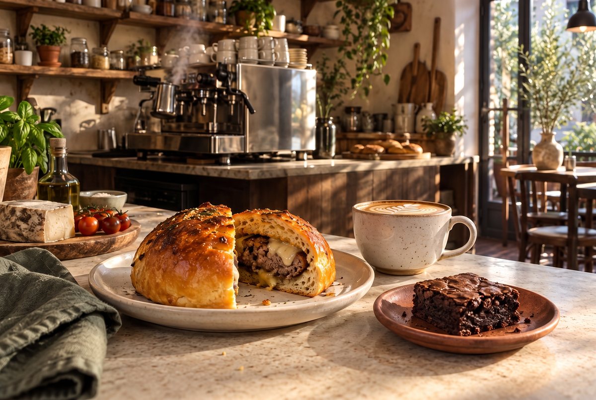 Balcão de cafeteria com um hamburgão cortado ao meio mostrando o recheio de carne e queijo, xícara de cappuccino e brownie num pratinho de barro; barista na máquina de espresso ao fundo