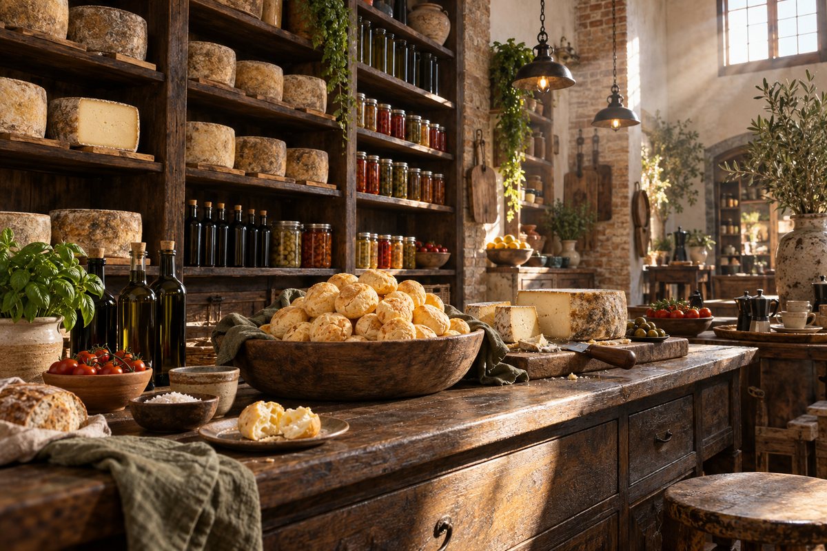 Empório rústico com estantes de peças de queijo canastra e potes de conserva, uma gamela de pães de queijo sobre o balcão de madeira, azeites e tomates-cereja ao lado