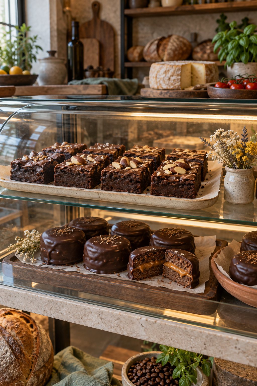 Vitrine de vidro com brownies cobertos de castanhas na prateleira de cima e pães de mel com cobertura de chocolate na de baixo, um deles cortado mostrando o recheio de doce de leite