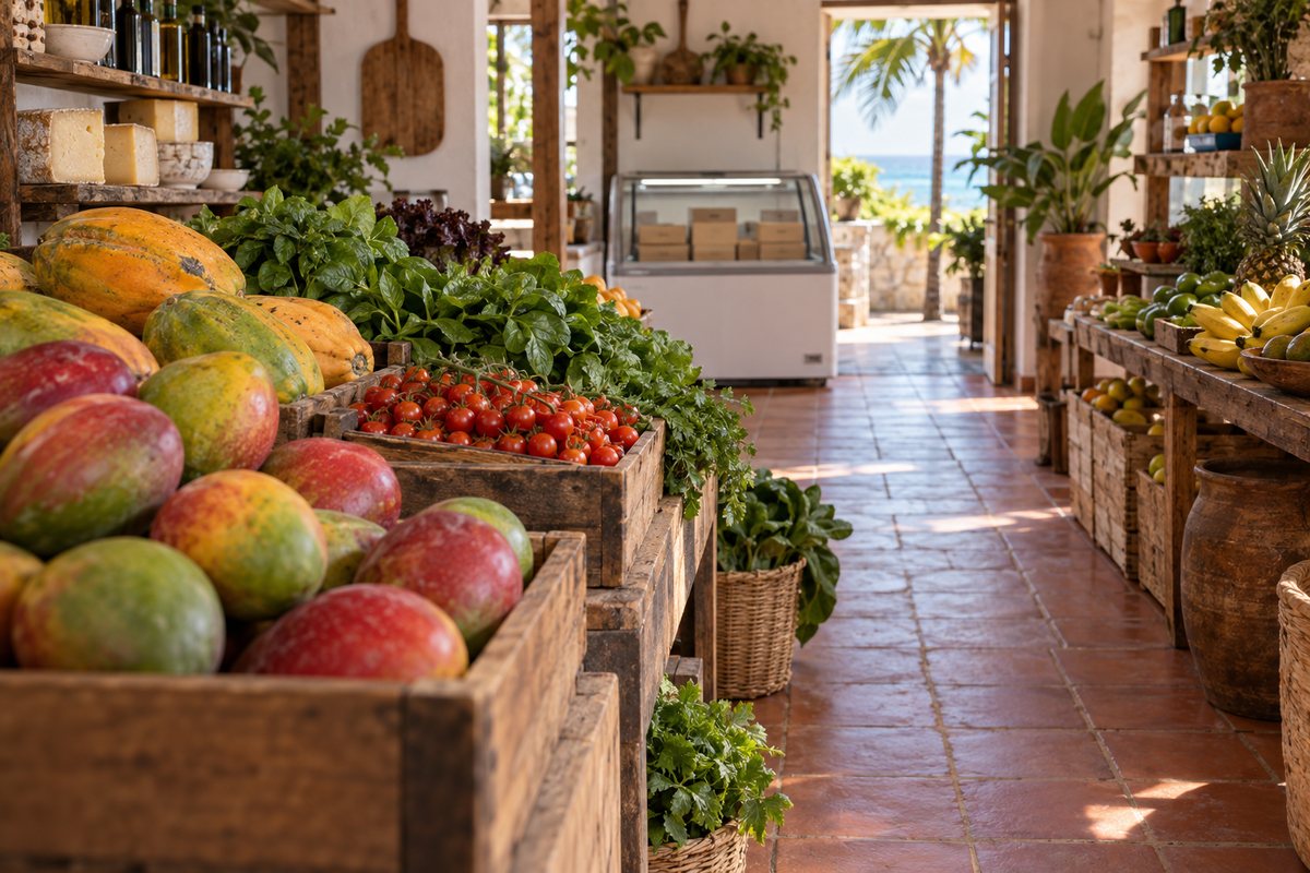 Hortifruti com caixotes de manga e mamão, tomates-cereja e folhas verdes; ao fundo, um freezer expositor e o mar visto pela porta