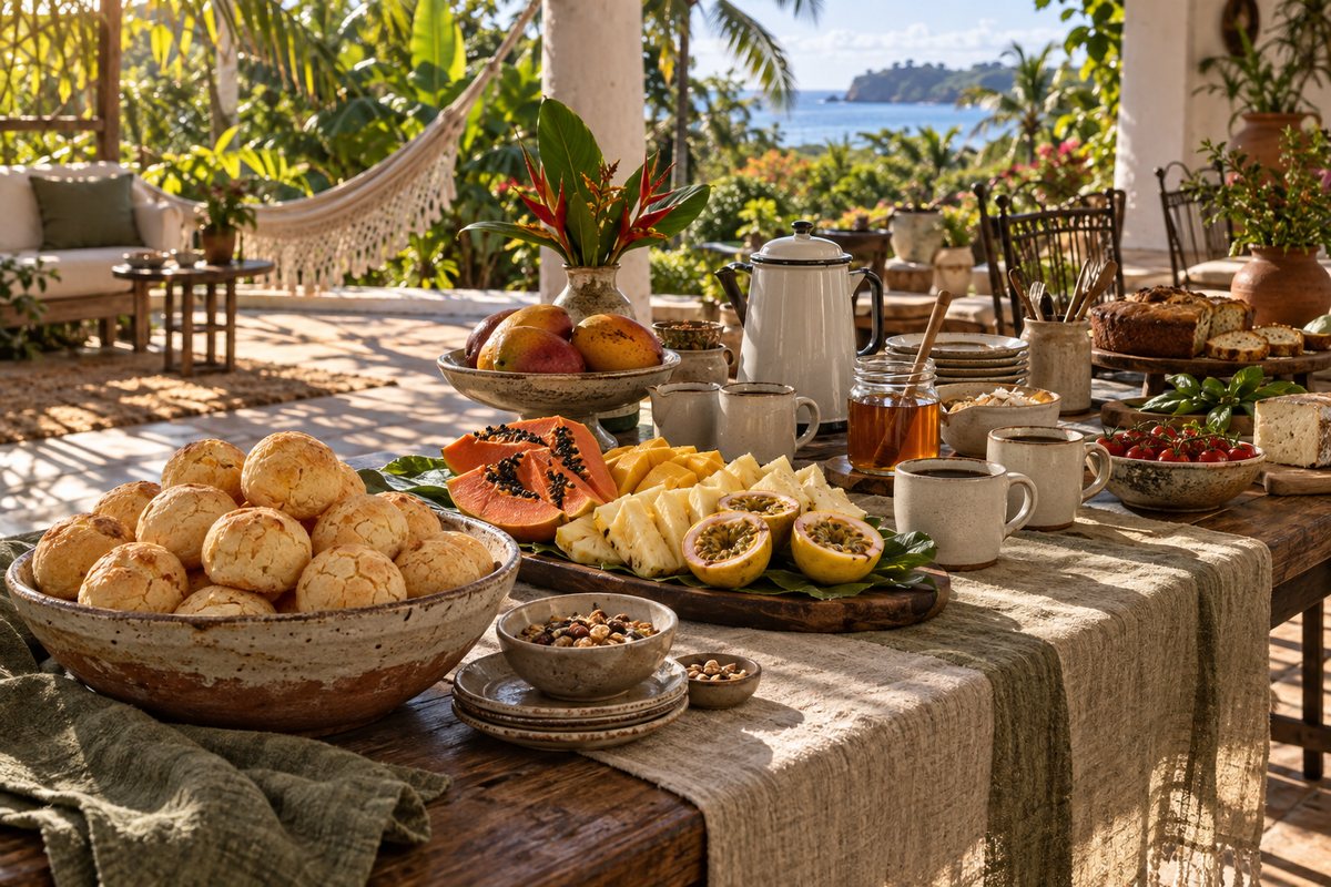 Mesa de café da manhã na varanda de uma pousada com vista para o mar: gamela de pães de queijo, mamão, abacaxi e maracujá, bule esmaltado, xícaras e pote de mel