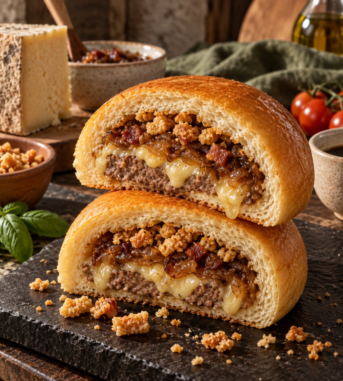 Duas metades de hamburgão Canastrão empilhadas numa tábua de ardósia, com carne, queijo canastra derretido, cebola caramelizada e farofinha de torresmo à mostra, e um pedaço de queijo ao fundo