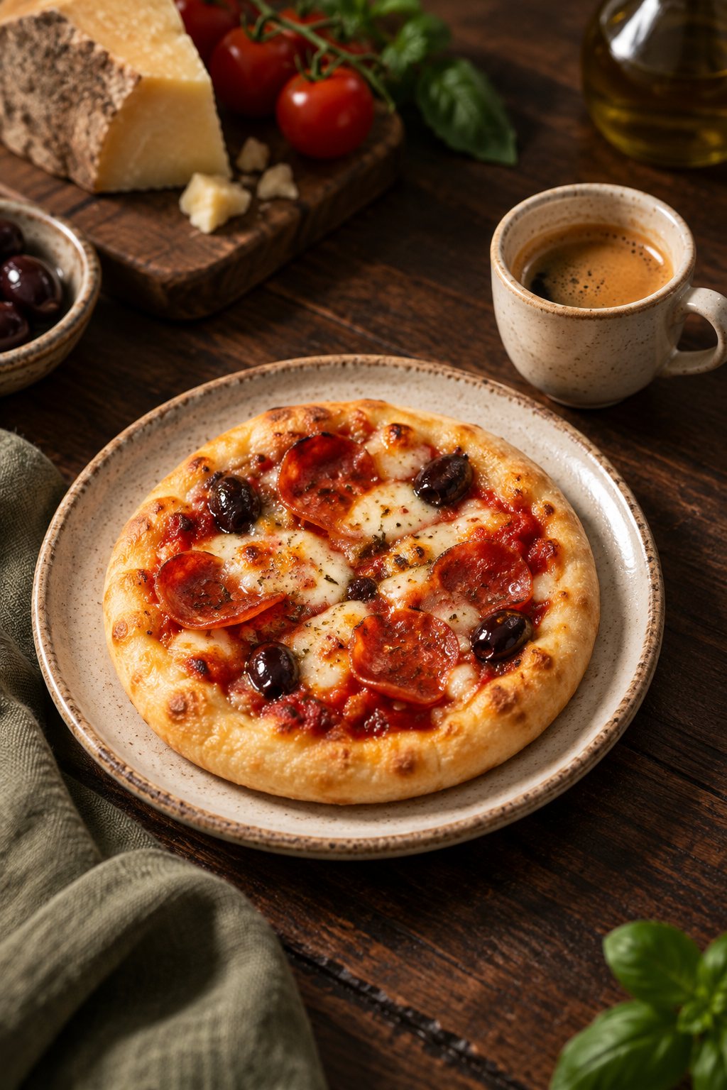Pizzinha Canastroni com rodelas de pepperoni e azeitonas pretas, uma fatia sendo levantada com o queijo esticando