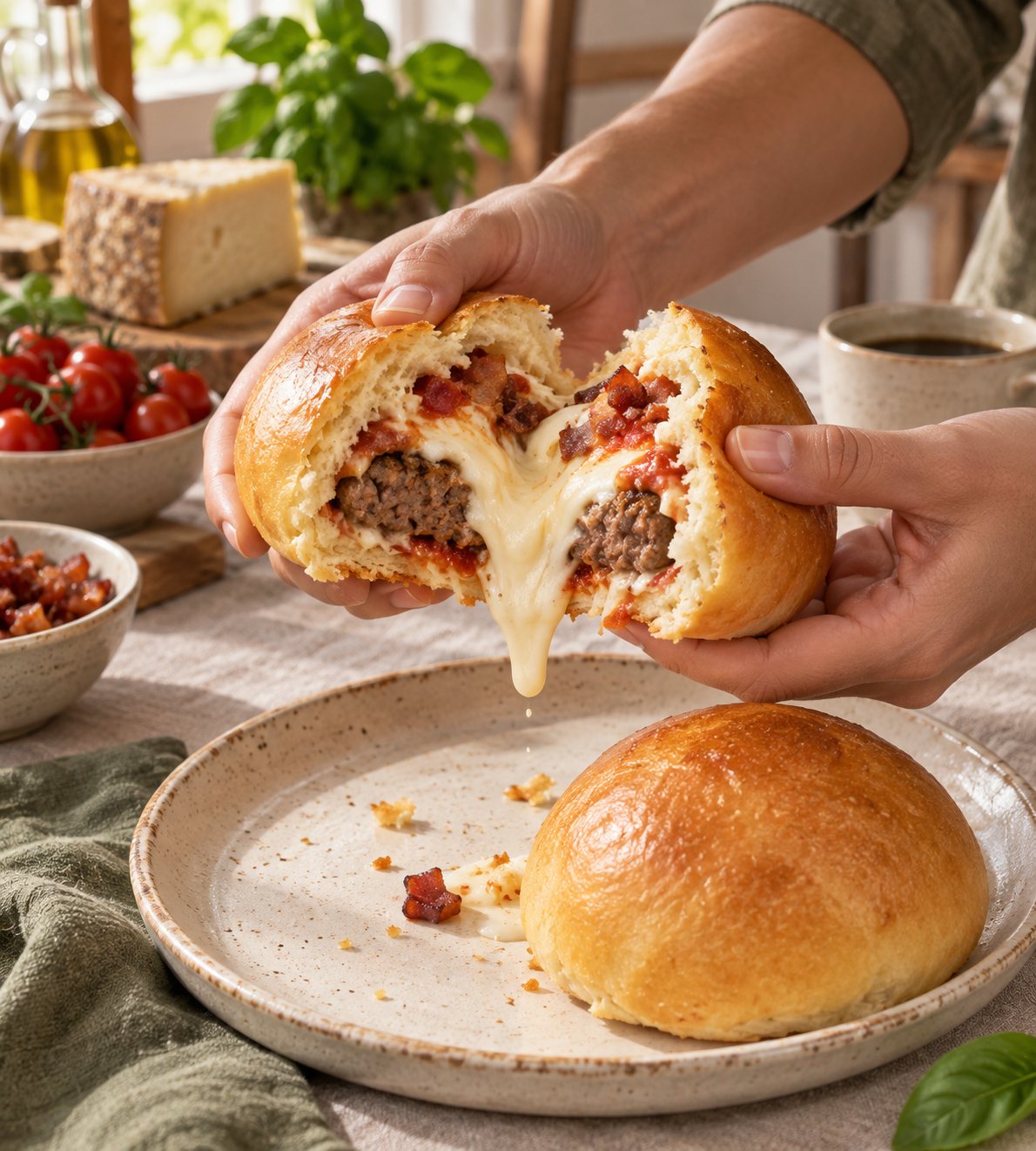 Mãos abrindo um hamburgão Catupiry sobre um prato de cerâmica, com recheio cremoso branco esticando entre as metades e carne à mostra