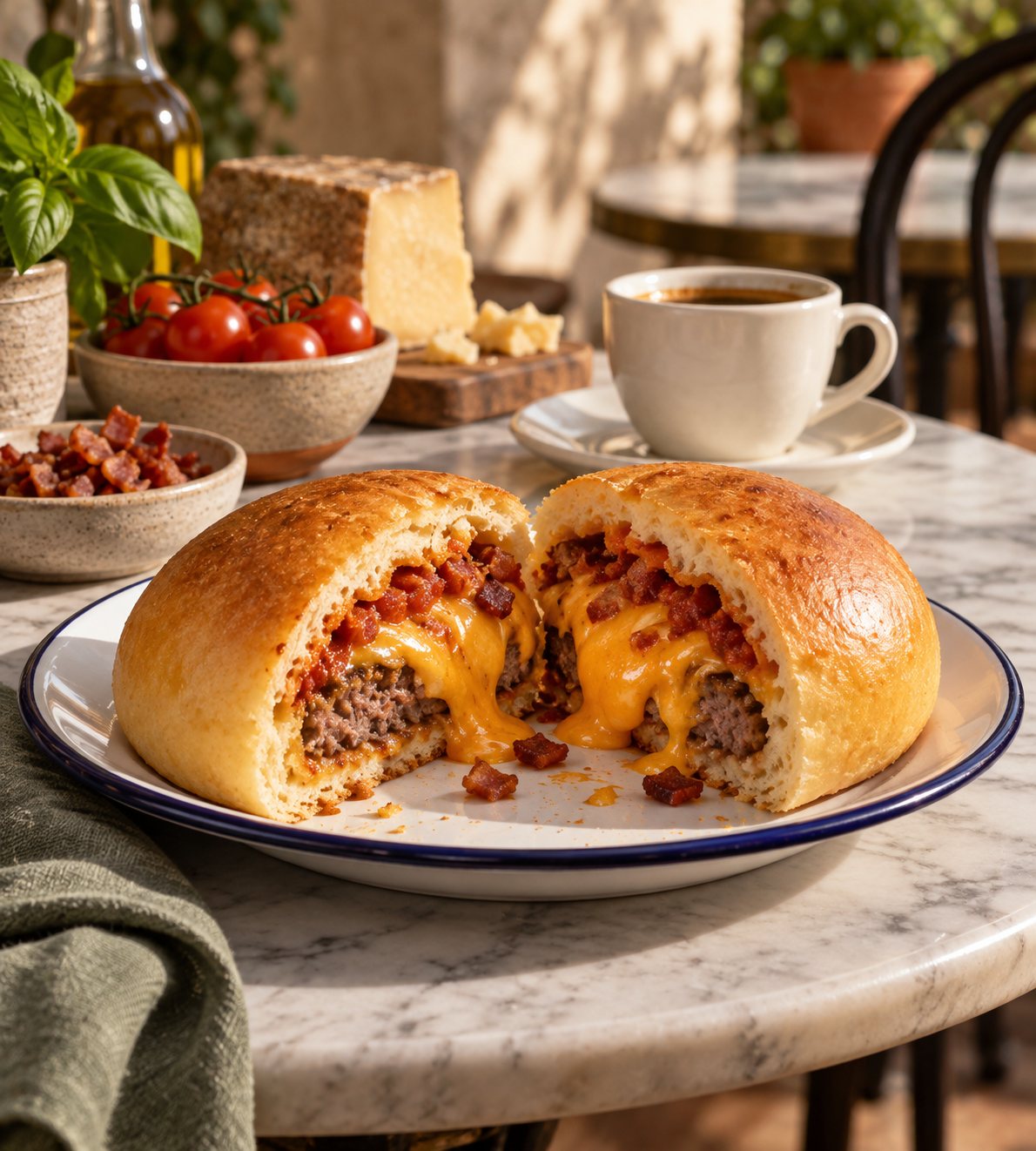 Hamburgão Cheddar aberto ao meio num prato de ágata branco, com molho de queijo alaranjado escorrendo sobre a carne e o bacon em cubos, numa mesa de mármore de café