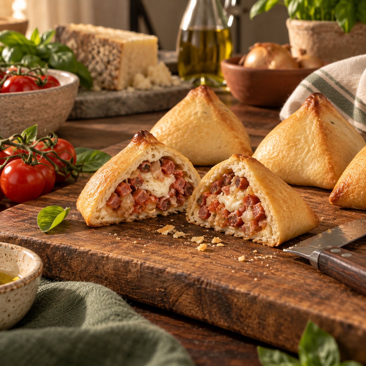 Mini esfihas de calabresa numa tábua de madeira, duas partidas ao meio com calabresa em cubinhos, tomate e recheio cremoso branco