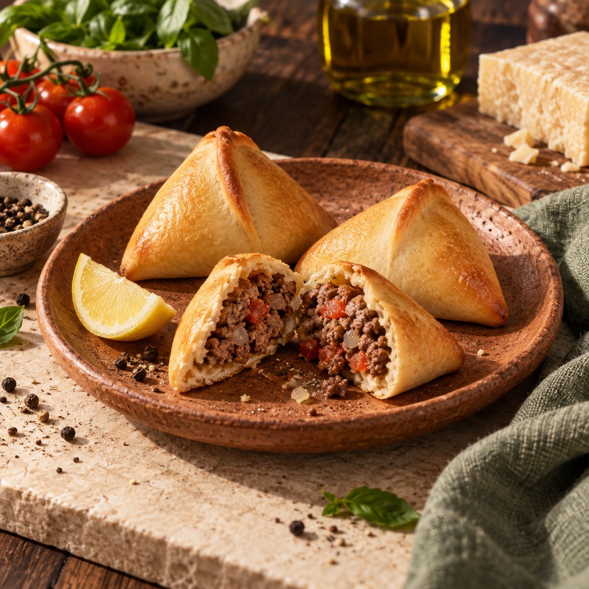 Mini esfihas de carne num prato de barro, uma partida ao meio com carne moída temperada, tomate e cebola, ao lado de uma fatia de limão e grãos de pimenta-do-reino
