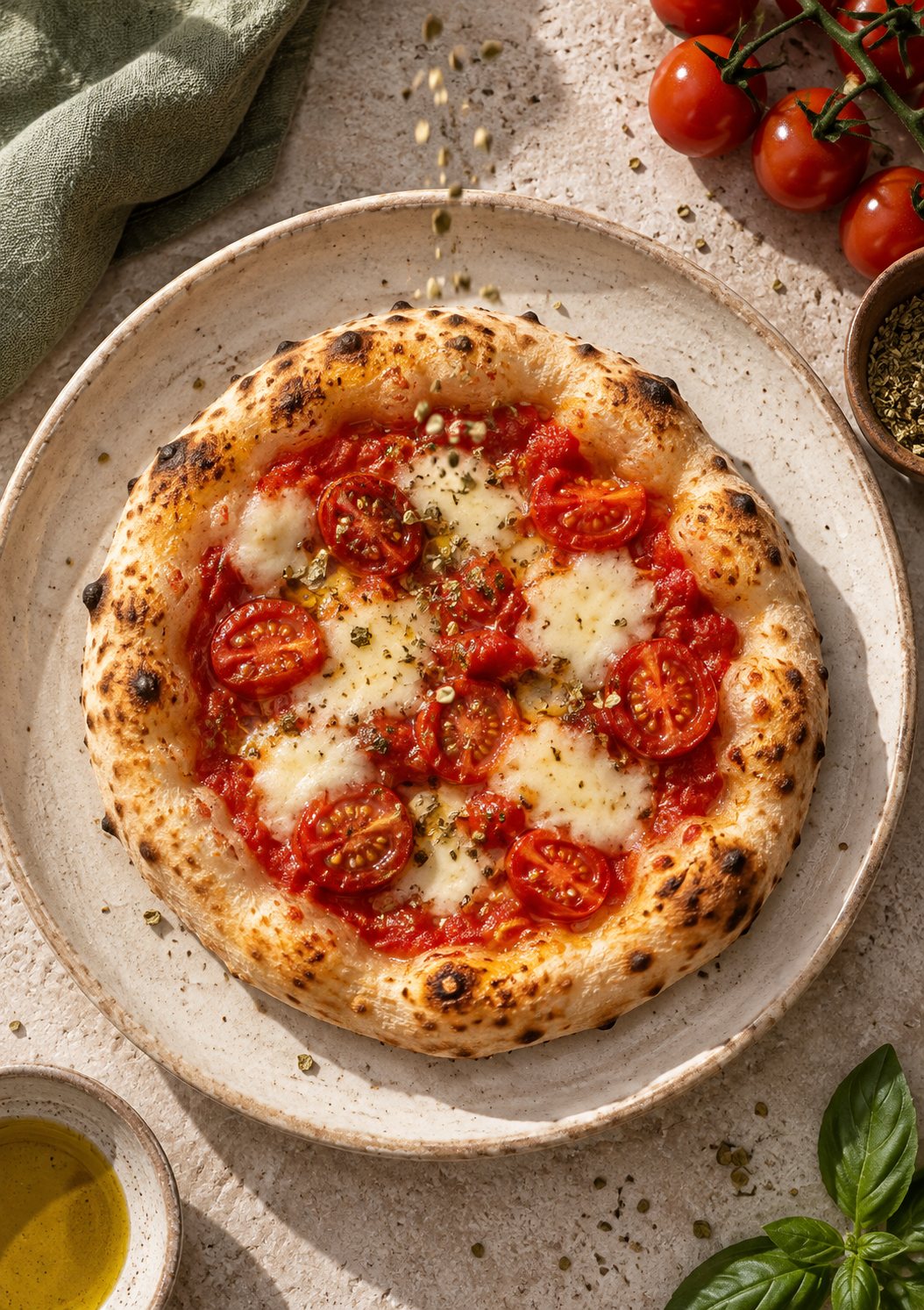 Pizzinha Mussarela vista de cima num prato de cerâmica creme, com tomates-cereja brilhando de azeite