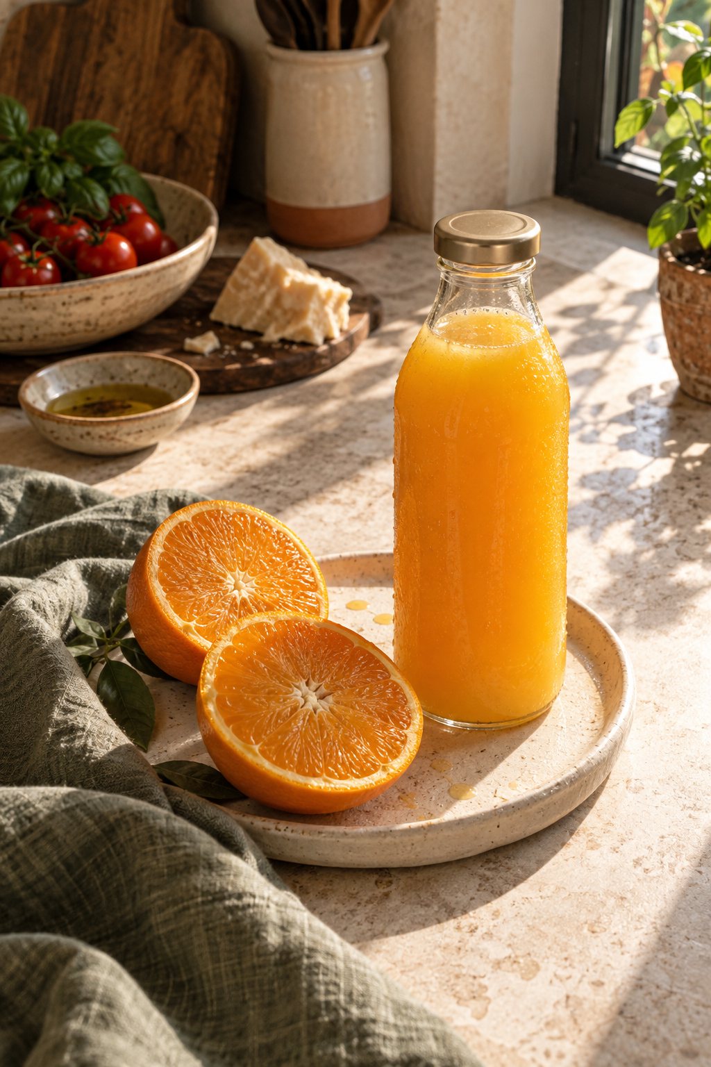 Garrafinha de suco de laranja num pratinho de cerâmica, ao lado de duas metades de laranja, numa bancada iluminada pelo sol
